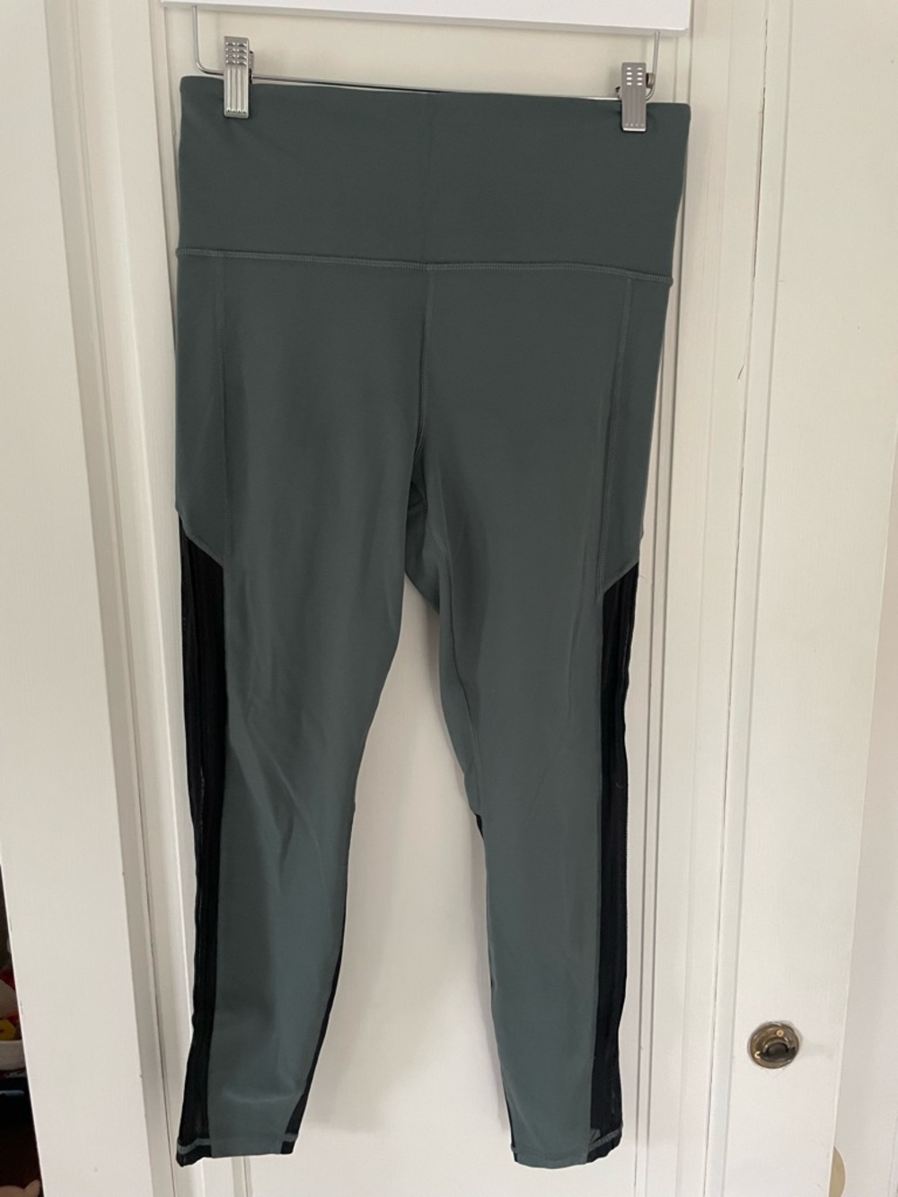 Athleta High-Waist Green Leggings with Black Side Panels